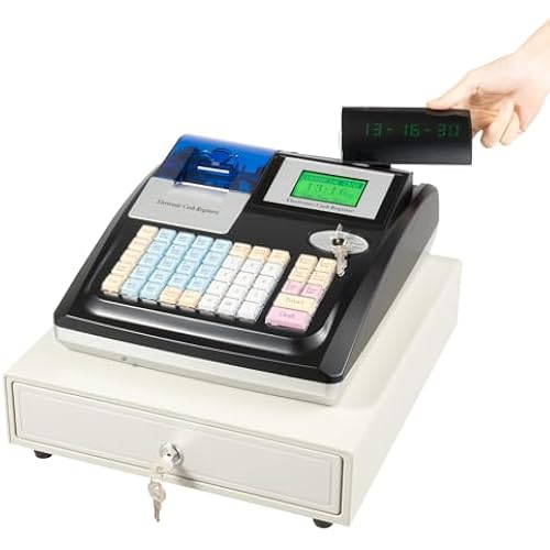 Cash Drawer Small Business Electronic Cash Register Thermal Cash Register With Cash Drawer, Customer-Facing Digital LED Display, Thermal Receipt Printing, 48 Keyboards, 36 Departments, 50 Clerk, Black