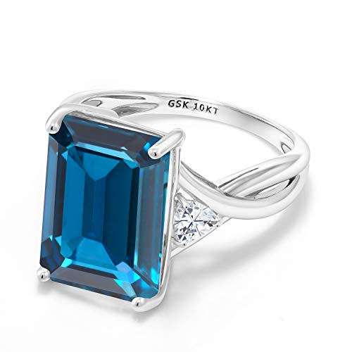 Gem Stone King 10K White Gold London Blue Topaz and White Moissanite 3 Stone Engagement Ring For Women (9.96 Cttw, Emerald Cut 14X10MM, Trillion 4MM, Available in Size 5,6,7,8,9)4