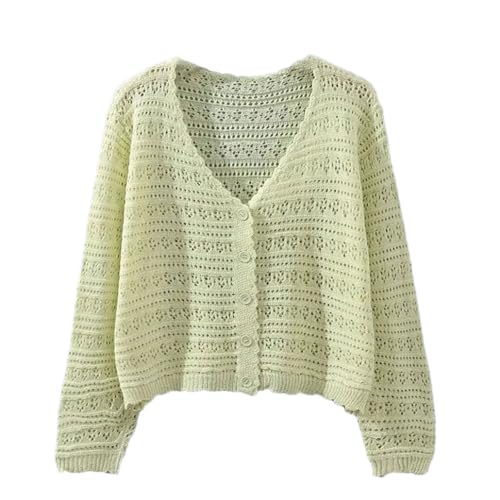 Womens Hollow-Out Ice Silk Cardigan V-Neck Short Loose Sweater Coat Casual Knitwear Tops Yellow XL