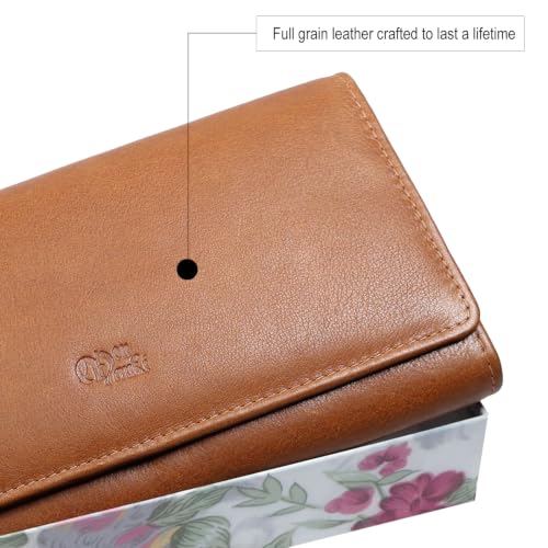 Image of Women's Top Grain Leather Wallet, RFID Blocking Bifold clutch, 17 Card Slots, Zip Pocket Organizer, Elegant Gift for Women - Birthday, Valentine, Anniversary - RUST BROWN