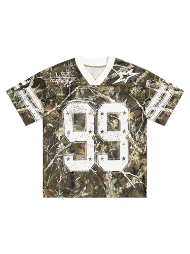 GORGLITTER Men's Y2k Jersey Tops Number Graphic Striped V Neck Short Sleeve Loose Streetwear Tees Army Green Medium