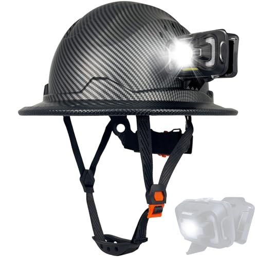 SAFEBUILDER Full Brim Hard Hats with Rechargeable Lamp Safety Helmet with Headlight 6 Point Suspension Vented Construction Outdoor Work (Matte Black-LRHL01 Lamp)