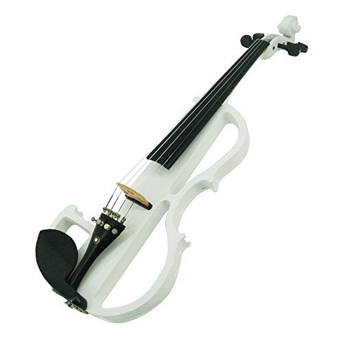 Image of Kinglos. Visual-Art Advanced Electric Violin 4 /4 Full Size Ebony Fittings | Incl. Case Bow Shoulder Rest Aux Cable Spare Bridge Strings - Solid Wood White Coloured Silent Fiddle Kit for Adults Beginner