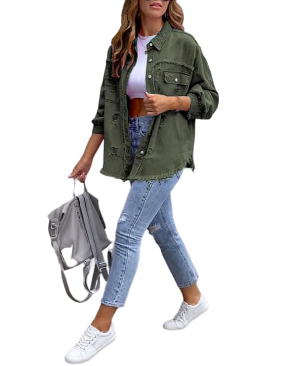 Women's Solid Ripped Distressed Denim Jacket Long Sleeve Frayed Hem Casual Sleeve Jean Coat Trucker Jackets
