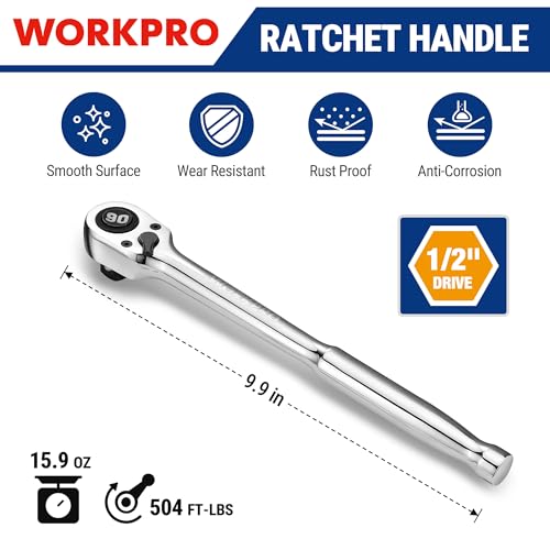WORKPRO Low-Profile 1/2-Inch Drive Ratchet, 90-Tooth Quick-Release Ratchet Wrench, Reversible, 4° Swing, CR-MO Compact Drive Head, Full Polished, Gifts for Men by WORKPRO - Image 2