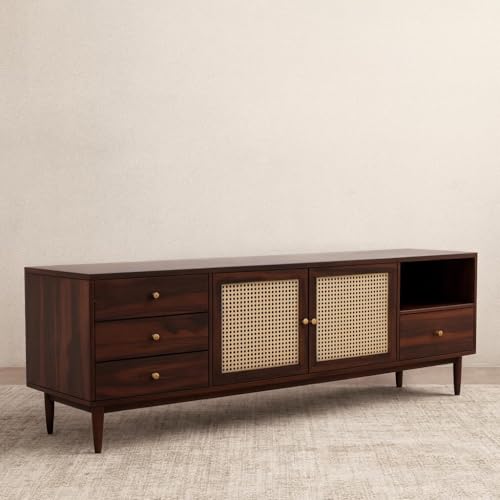 Image of Premium Solid Wood, 10 Minutes Assembly (Legs Only), Aesthetic Rattan Doors, Mid Century Entertainment Center for Living Room, TV Stand for 65 inch TV, Dark Chocolate (Walnut TK-26)