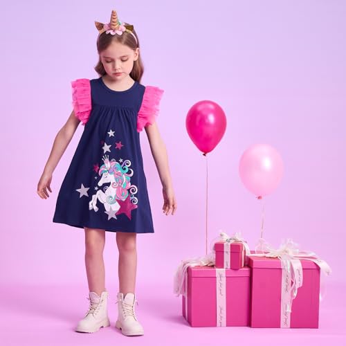 DXTON Toddler Girls Cotton Dress Casual Summer Short Sleeve Cute Cartoon Print A-line Sundress Home School 3-10 Years4