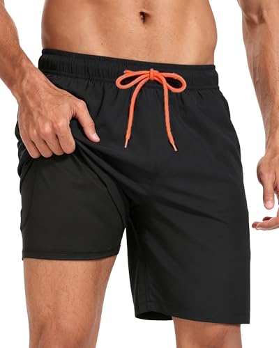 Image of Mens Swim Trunks with Compression Liner 2 in 1 Quick Dry Swimming Shorts Swimwear Bathing Suits with Pockets