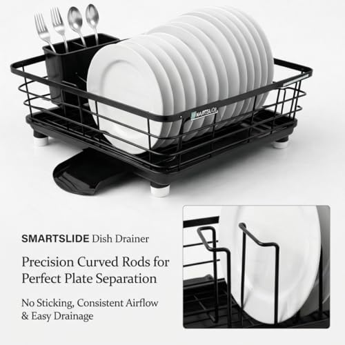 Image of SmartSlide Black MS Dish Drainer with Removable Tray | Durable Rust-Proof Kitchen Dish Rack | Space-Saving Countertop Organizer for Plates, Cups & Cutlery
