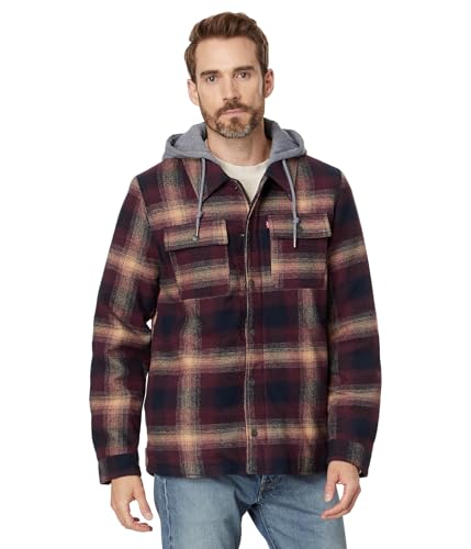 Image of Levi's mens Plaid Sherpa Lined Hooded Shirt Jacket (Regular & Big & Tall Sizes)