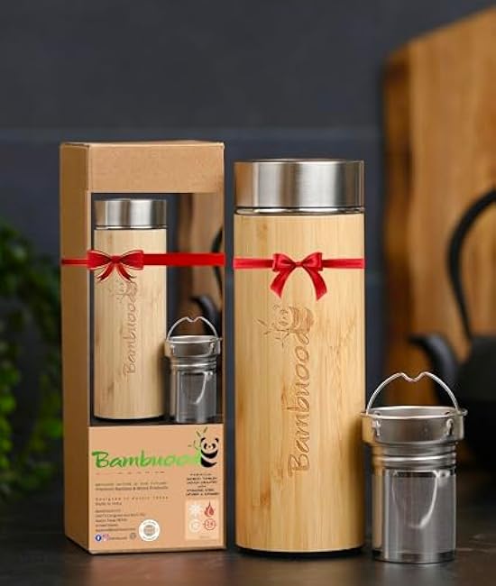 17 oz-Bambuood Premium Vacuum Insulated Stainless Steel Bamboo Tumbler - Leak Proof Bamboo Tumbler Thermos for Loose Leaf Tea, Coffee & Fruit-Infused Drinks - Keeps Cold 24/Hot 12 Hrs.