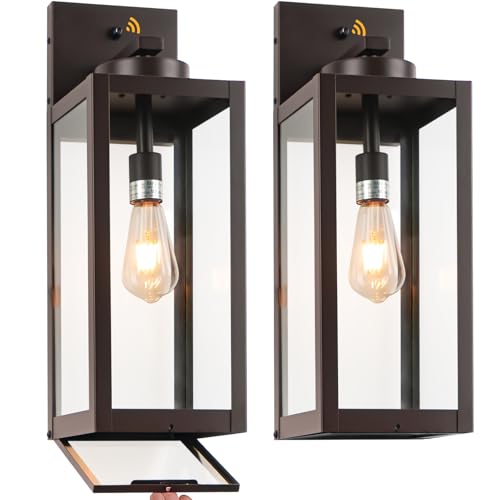 Image of 20 inch Oil Rubbed Bronze Dusk to Dawn Outdoor Wall Lights with Closed Bottom | Large Waterproof Outdoor Wall Lantern Porch Lights, Anti-Rust Modern Outside Wall Sconce Coach Light for House, E26, 2-Pack