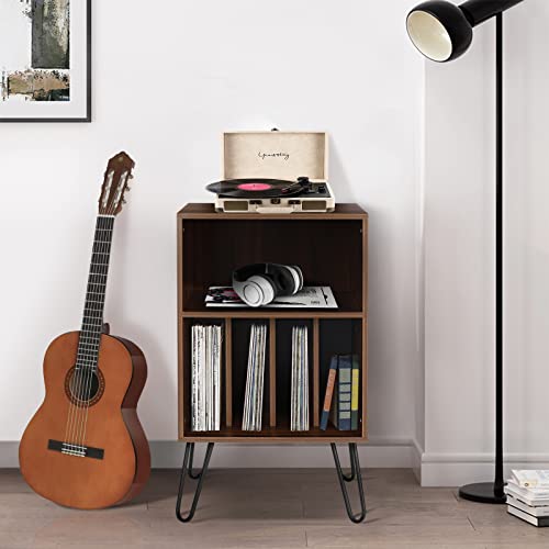 Woodyhome Record Player Stand With Storage Vinyl Record Storage Stand Up To 100 Albums Mid Century Modern Turntable Stand With Metal Legs Brown Record Player Table For Living Room Bedroom, Brown #TOP1