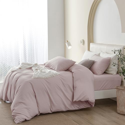 JIYUAN 100% Washed Cotton Duvet Cover Set 3 Pieces Queen, 1 Duvet Cover 90x90 Inches (Comforter Not Included) and 2 Pillowcases,Linen Feel Bedding Set Comfy and Breathable, Heathered Greyish Pink