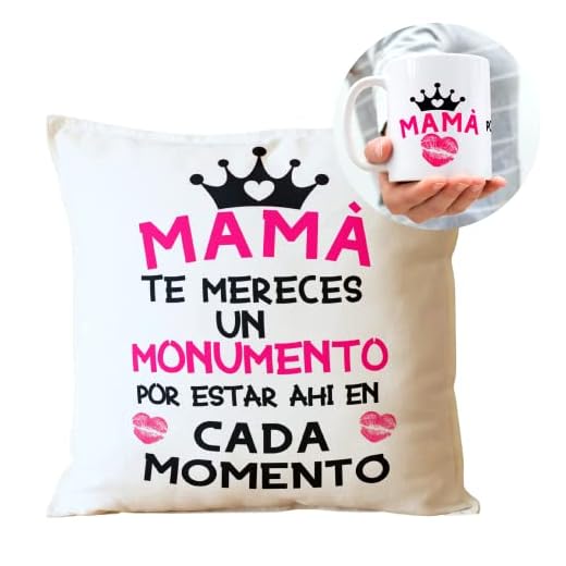 Regalo CUMPLEAÑOS MAMÁ Cojín Original 35 x 35 cm + Taza 350 ml . Incluye Relleno Regalo para EL Dia DE Las Madres Desayuno Original Dia De La Madre (COJIN +Taza Mama TE MERECES)