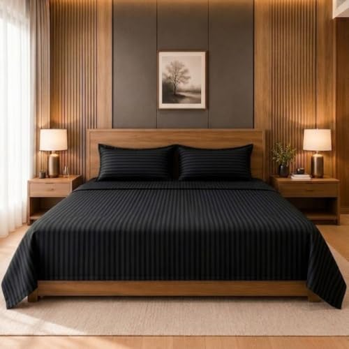 Image of Living Roots Glace Cotton 180 TC Double Bedsheet with 2 Pillow Covers |King Size 90 x 108 Inches |Soft, Breathable & Durable |Fits Mattress up to 6 Inches |No Colour Bleeding (Black)