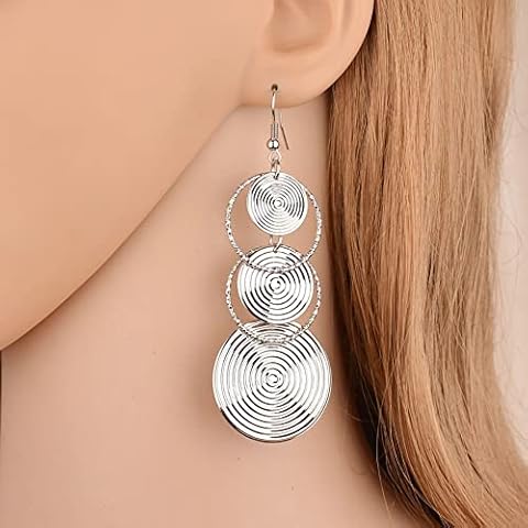 Silver Circle Long Dangle Earrings Personalised Dangle Earrings Exaggerated Bling Bling Long Earrings for women and Girls Cover