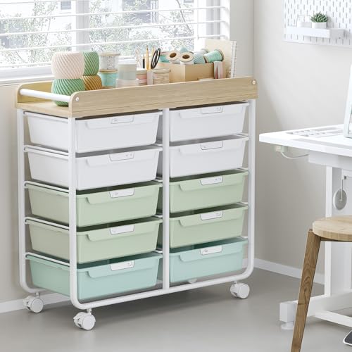 KINGRACK Rollcontainer mit 10 Schubladen, Rollwagen mit Schubladen für Bastelbedarf, Kunstmaterialien, Home Offices und Klassenzimmer (Grün)