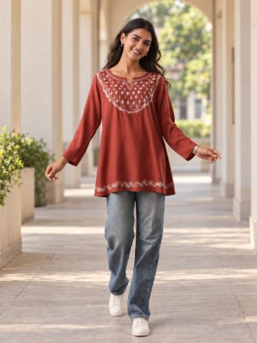 Image of QAZMI Women's Azra Kashmiri A-Line Full Sleeves Viscose Rayon Short Kurti