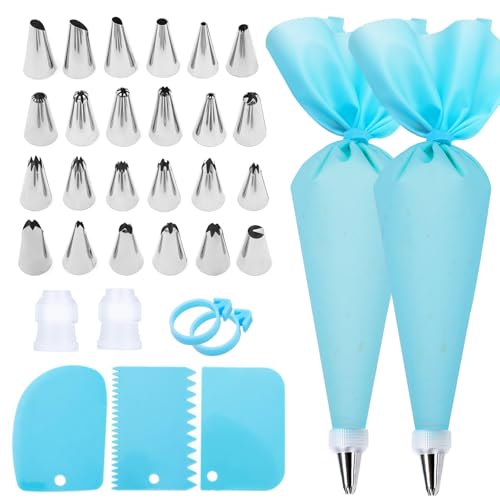 FATUXZ Piping Bags and Tips Set, Cake Decorating Kit with 2 Reusable Piping Bags, 24 Icing Tips, 2 Couplers, 3 Scrapers 2 Silicone Rings, Cupcake Decorating Kits Cake Piping Tips Frosting Piping Kit