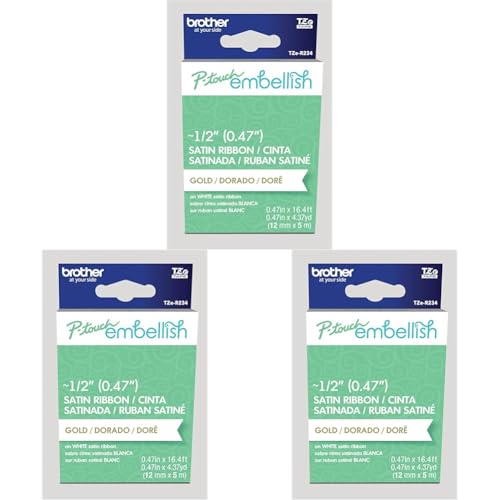 Image of Brother P-Touch Embellish Gold Print on White Satin Ribbon TZER234 - ~ inch Wide x ~13.1' Long for use with P-Touch Embellish Ribbon & Tape Printer (Pack of 3)
