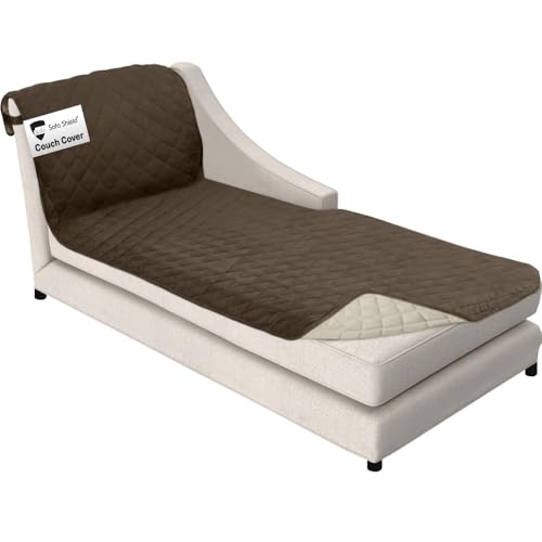 Sofa Shield Chaise Slip Cover with Patented Strap, Cushion Protector, US Designed Reversible Stain and Dog Tear Resistant Slipcover, 102x34 inch Seat, Washable Covers for Dogs Pets, Chocolate Beige