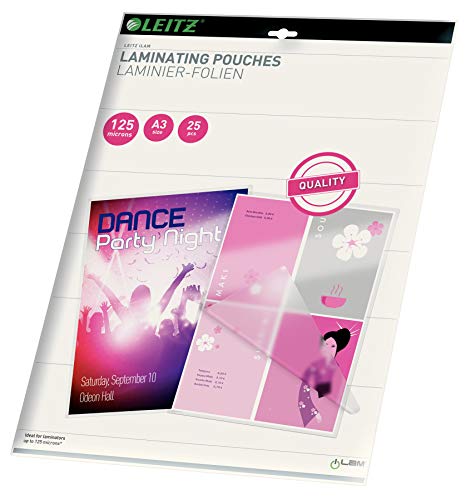 Leitz Heißlaminierfolien A3 125 mic, Hochwertige Laminierfolien im 100er Pack, mit abgerundeten Ecken, transparent, glänzend, ideal für Plakate und Zeichnungen, 33950