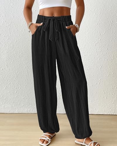 Bsubseach Women Wide Leg Palazzo Pants 2025 Summer Casual Drawstring Lounge Harem Pants with Pocket Woman Baggy Trousers2