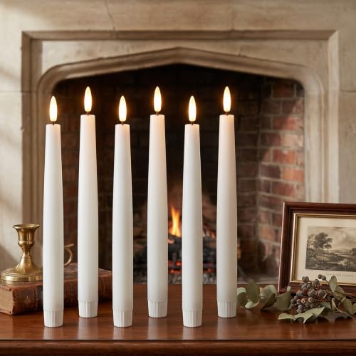 Image of GenSwin Rechargeable Flameless LED Taper Candles Battery Operated 2 Remote | White, 6 Pack, Real Wax 3D Flameless Flickering, 0.78 inch x 9.84 inch, 2 /4 /6 /8H Timer, Candlesticks for Wedding & Holiday Decor