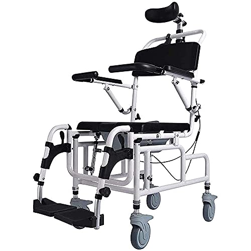 Upgraded Shower Chair, Tilt-in-Space Reclining Shower/Toilet Commode Chair, with Padded Seat, Back, Flip-Up Arm and Foot Rests, Commode Pail and Adjustable Headrest