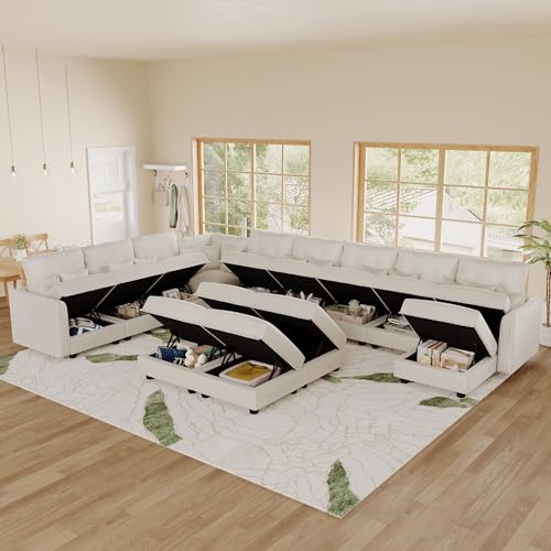 Image of LLappuil 14-Seat Modular Sectional Sofa with Storage, 163 inch Oversized U-Shaped Corduroy Couch with 10 Throw Pillows, Pet-Friendly Convertible Pit Sofa for Large Spaces, Skin-Friendly, Beige