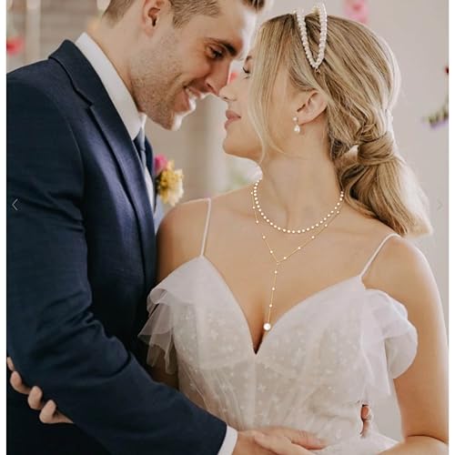 Aisansty Layered Pearl Choker Necklaces for Women 14k Gold Plated Dainty Faux Pearl Drop Pendant Y shaped Layered Necklace Gift Gold Jewelry for Women4