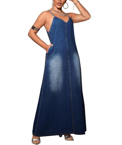 Image of Sexyshine Women's Sleeveless Adjustable Strap Maxi Denim Dress V Neck Washed Blue Plus Size Cami Long Jean Dress Pockets