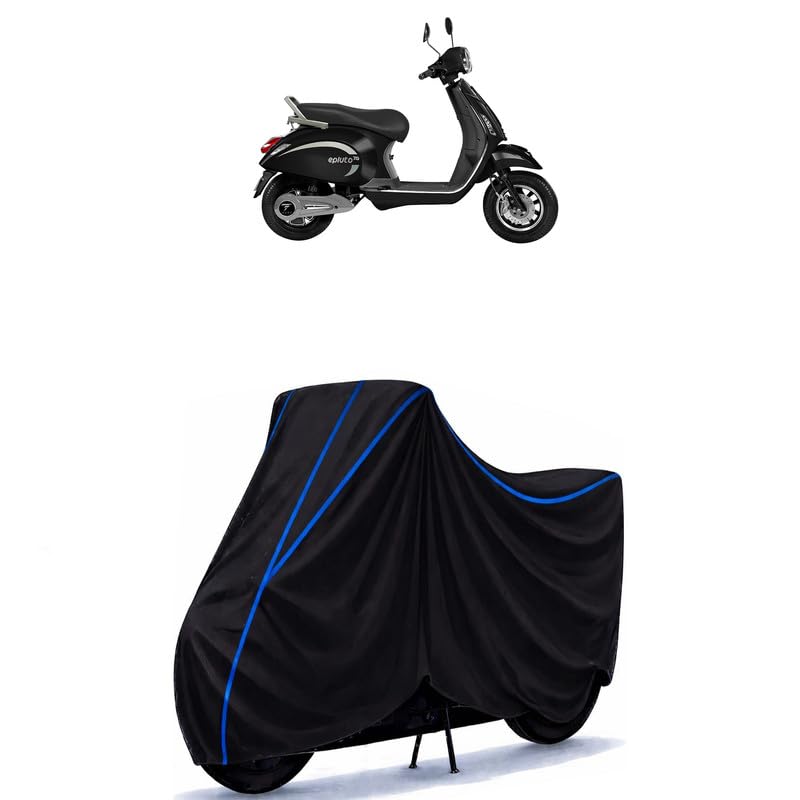 Image of Scooty Cover Water Resistant for Pure EV EPluto 7G | Universal Scooter & Bike Cover | Heavy Duty UV Dust, Rain & Scratch Protection | Elastic Fit All Weather Indoor Outdoor | Black with Blue Piping