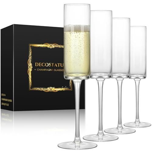 Decostatue Set di 4 Flute Vetro Champagne - Regalo Anniversario Matrimonio - Eleganti Bicchieri Champagne Da 200 Ml Per Anniversario, Matrimonio, Fidanzamento, Natale, San Valentino, Compleanno