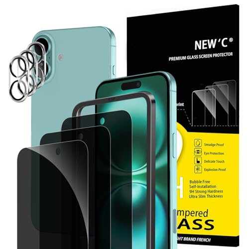 NEWC 3x Privacy for iPhone 16 Plus Screen Protector (6.7 inches)+ 3x Camera Lens Protector Sensor Protection Case Friendly Tempered Glass Film + Dust Plug - Easy installation tool included