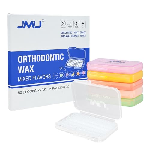 JMU Orthodontic Wax 6 Pack Food Grade Dental Wax for Braces Pre-cut Braces Wax Mix Flavors Unscented Mint Grape Banana Orange Peach
