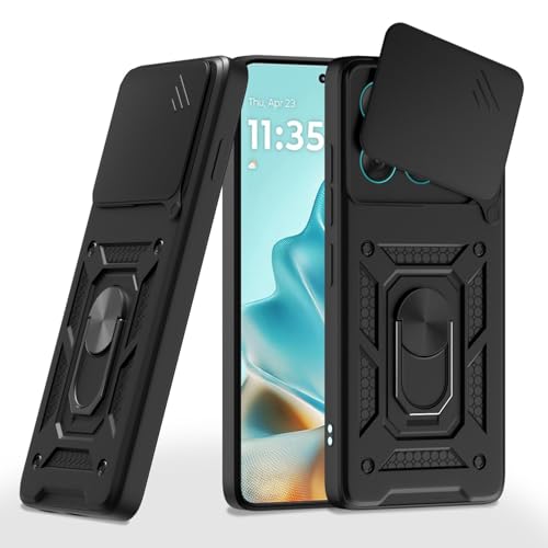 Image of Pikkme Back Cover for Motorola Moto Edge 60 Pro 5G | 360 Protection Case | Sliding Camera Shield Cover & Ring Holder Stand D10 Tough Armor Bumper Case (Black)