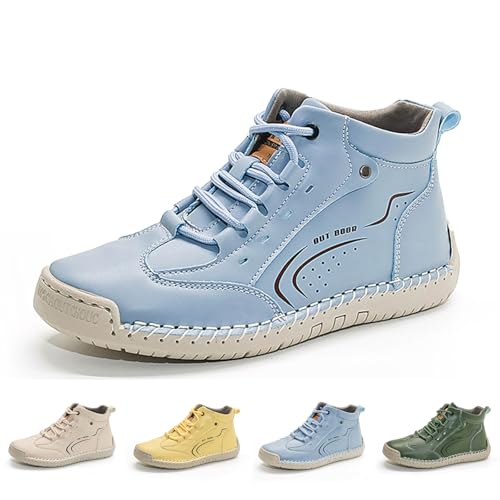 Find the Best All Round Walking Boots for Your Adventures 14 Women's Leather Hand Stitching Lace Up Ankle Boots Fashion Round Toe Non-Slip Soft Sole High Top Flat Casual Sneakers Comfortable Breathable Outdoor Driving Walking Hiking Chukka Boots (Blue,8.5)