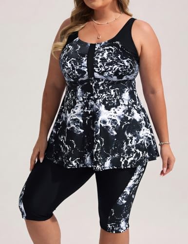 Hanna Nikole Tankini Damen Große Größe Bauchweg Bademode Push Up Tankini Zweiteiliger Set Hohe Taille Sommer Badeanzüge Tankini Oberteil mit Badeshorts 3