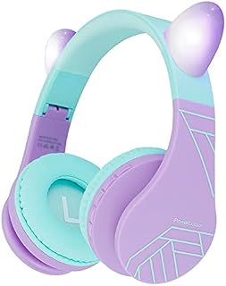 PowerLocus Bluetooth Headphones for Kids, Kids Wireless Headphones Cat Ear LED Light Up, Foldable Volume Limited Headphone with Microphone Wireless/Wired Headset with Micro SD/TF for Phones/PC/iPad