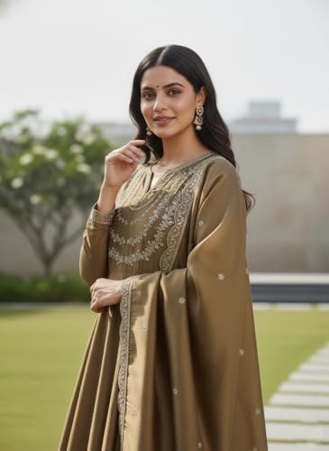 Image of Yashika Women's Silk Blend Embroidered Anarkali Kurta Set with Dupatta | Full Length Ethnic Wear for Women | Wedding