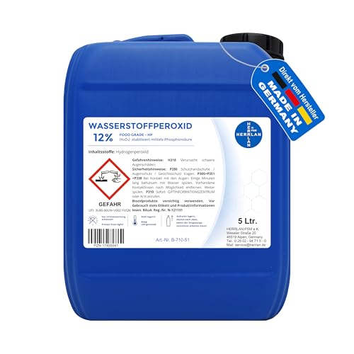 HERRLAN Wasserstoffperoxid 12% Aktivsauerstoff 5 Liter Kanister- Stabilisiert - FOOD GRADE Qualität - Wasserpflege & Reinigung - Klarwasser-Effekt - Made in Germany
