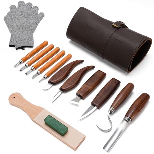 Ciseaux à Bois, 15 in 1 Outils de Sculpture Bois, Outillage Bois avec 5 Couteau Sculpture Bois, Professionnel/Junior Outil de Ciseaux a Bois Kit DIY avec Gants...