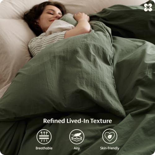 Image of Bedsure PureWoven 100% Washed Cotton Duvet Cover Only, Queen, Olive Green | 1 Duvet Cover, No Pillow Shams, Linen Like Textured, Lightweight & Breathable for All Seasons, Zipper Closure, 8 Corner Ties