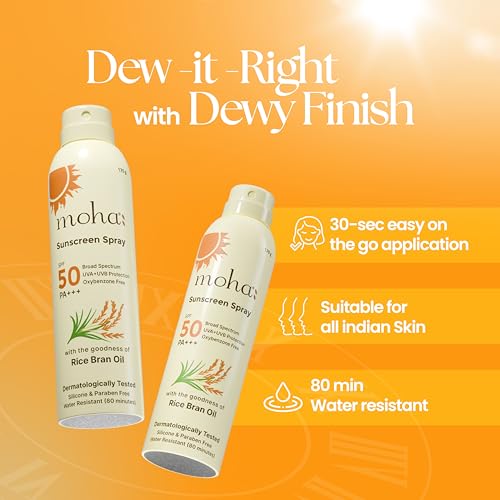 Image of Moha Sunscreen Spray SPF 50 PA++++ | Broad Spectrum UVA /UVB & Blue Light Protection | Lightweight, Non-Sticky, Non-Comedogenic & Alcohol-Free SPF Spray | With US & EU Grade Ingredients | For Teens, Women, Men, Oily & Dry Skin | Pollution Defence, Water & Sweat Resistant, No White Cast, With Rice Bran Oil - 170g (Packof 2)
