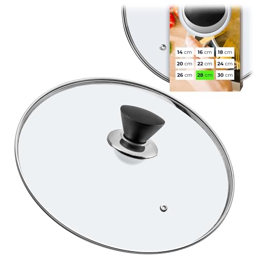 KADAX Glasdeckel, Topfdeckel Ø28 cm mit Schwarzmatt Griff, hitzebeständig, mit Dampfloch, Universaldeckel für Töpfe & Pfannen, klare Sicht, dicht schließend