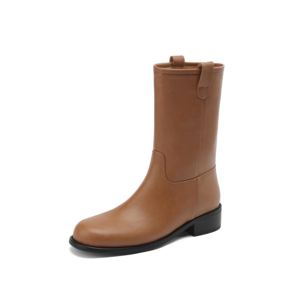 TinaCus Womens Handmade Genuine Leather Pull On Round Toe Chunky Heel Mid Calf Boots