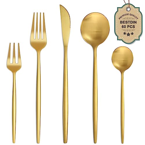Bestdin Juego de cubiertos dorados mate, 60 piezas, juego de cubertería para 12 personas, con cuchillo, tenedor, cuchara, acero inoxidable, apto para lavavajillas