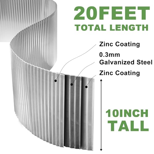 Hugeleaf Corrugated Metal Garden Edging, 10 Inch x 20 Feet Metal Edging for Landscaping, Galvanized Steel Landscape Edging Border for Garden, Lawn, Flower Beds (Silver)